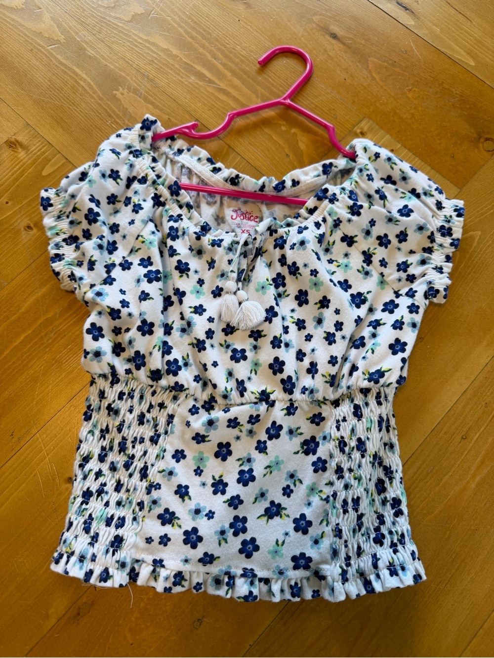 Justice White Top with Navy Blue Floral Print and Light Green Accents